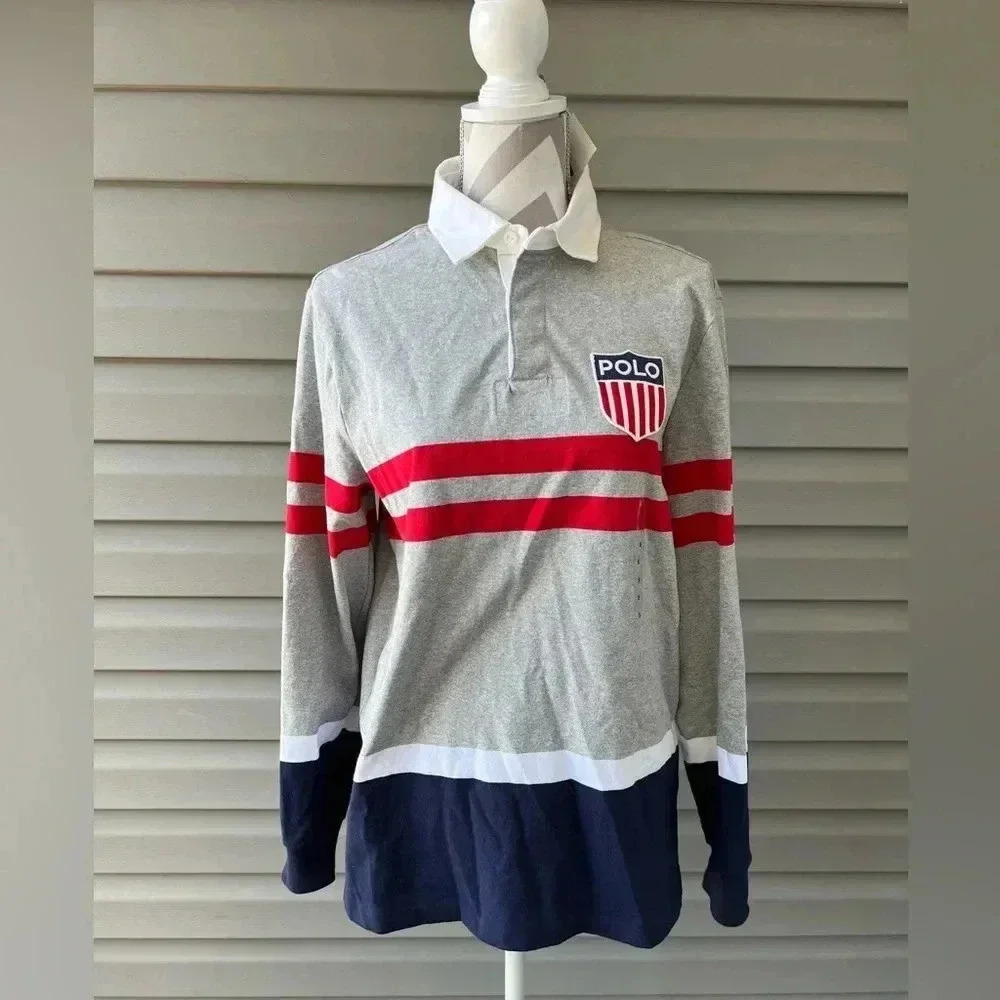 Polo Ralph Lauren Men's Grey Heather Crest Logo Classic Fit Rugby Long Sleeve S